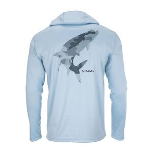 Fishwest Logo Simms Tech Hoody Men's in Tarpon Woodland Camo Steel and Steel Blue